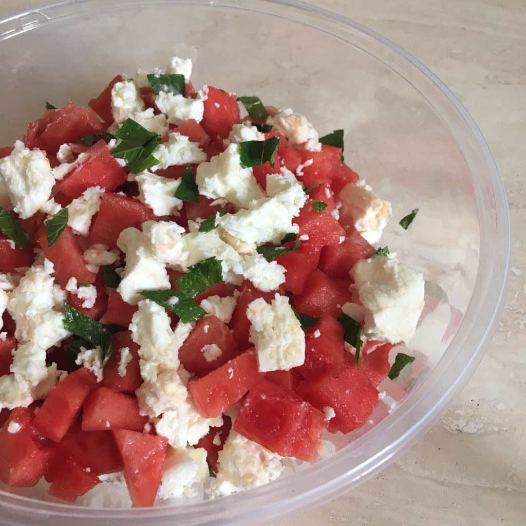 Watermelon, feta cheese and menthe leaves