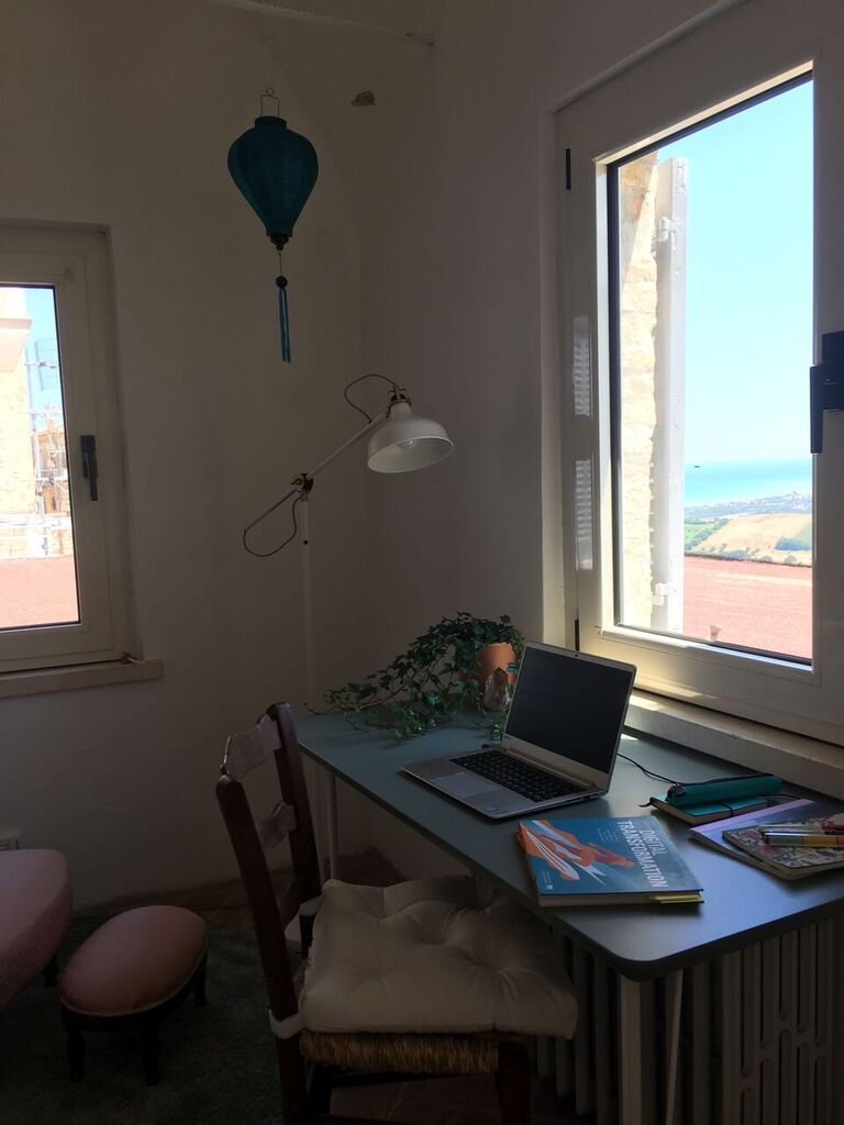 My desk and a view of the ocean through the window
